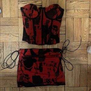 Edikted Red and Black Graphic Bustier and Skirt Set